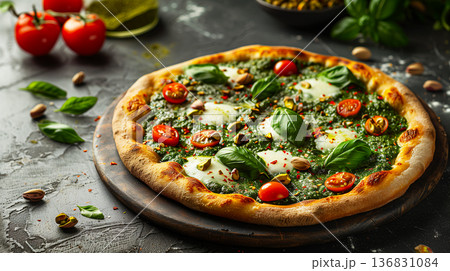 Artistic flat lay of green matcha pizza with red tomatoes contrasting against deep dark background, trendy restaurant menu concept Artistic flat lay of green matcha pizza with red tomatoes contrasting against deep dark background, trendy restaurant menu concept 136831084