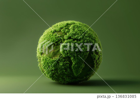 Globe fully covered in fresh green moss on light green background, ecological awareness concept Globe fully covered in fresh green moss on light green background, ecological awareness concept 136831085