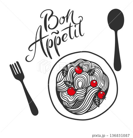 Hand drawn Bon appetite typography poster design with Vector calligraphy, pasta meal, fork and spoon. Hand drawn Bon appetite typography poster design with Vector calligraphy, pasta meal, fork and spoon. 136831087