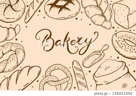 Bakery design template. Bakery products vector illustration set in engraving style. Collection of sketches of bread Baguette and sweet Bakery. Gluten food assortment. Bakery design template. Bakery products vector illustration set in engraving style. Collection of sketches of bread Baguette and sweet Bakery. Gluten food assortment. 136831092