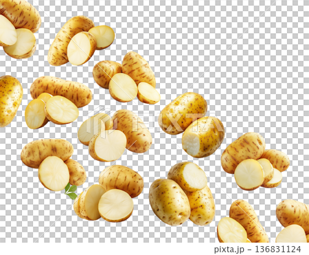 Fresh raw potatoes with skin, scattered and isolated on white background, concept of organic food ingredients Fresh raw potatoes with skin, scattered and isolated on white background, concept of organic food ingredients 136831124