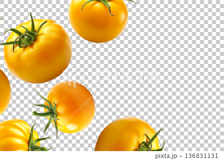 Fresh yellow tomatoes of various shapes and sizes floating against a white background, food and health concept 136831131