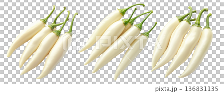 White chili peppers with green stems isolated on a white transparent background. 136831135