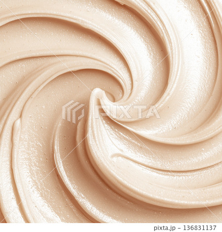 Creamy cosmetic smear in macro style on neutral cappuccino backdrop showing skincare texture with smooth detail concept 136831137