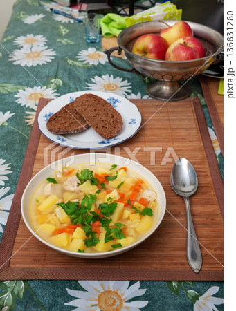 Vegetables and Meat Soup with Pork, Potato, Carrot, Celery; Turnip and Parsley. 136831280