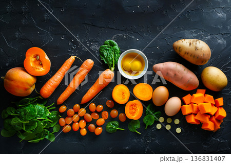 Top view of natural vitamin A sources on black surface, balanced nutrition and healthy diet concept Top view of natural vitamin A sources on black surface, balanced nutrition and healthy diet concept 136831407