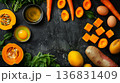 Organic products containing vitamin A displayed on black background, clean eating and wellness them 136831409
