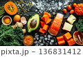 Fresh whole foods packed with vitamin A arranged on dark background, immunity and eye health nutrition theme 136831412