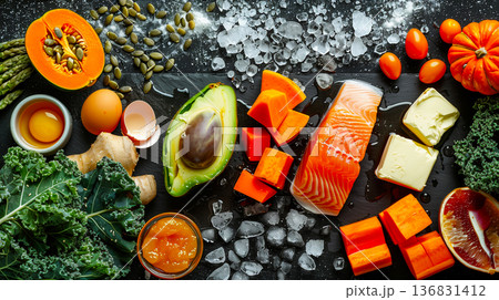 Fresh whole foods packed with vitamin A arranged on dark background, immunity and eye health nutrition theme 136831412