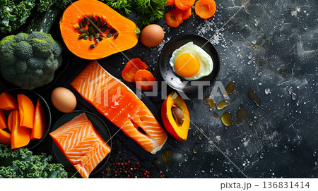 Colorful natural sources of vitamin A contrasted against black backdrop, wholesome diet idea Colorful natural sources of vitamin A contrasted against black backdrop, wholesome diet idea 136831414