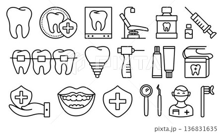 Dentistry black line vector icon set. Monochrome outline dental sign collection, stomatology isolated symbols 136831635