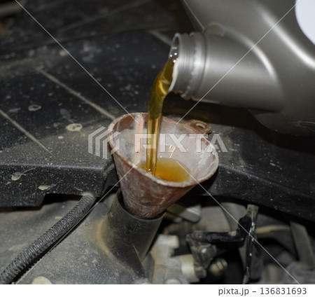 Oil change in the engine of the car. Filling the oil through the funnel. Car maintenance station. 136831693