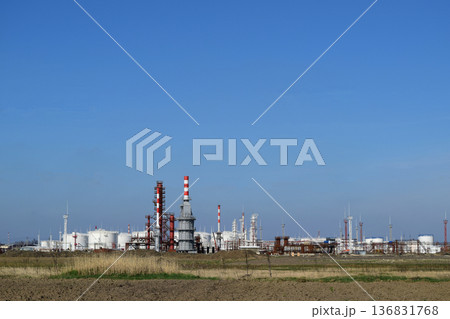 Distillation columns, pipes and other equipment furnaces refinery. 136831768