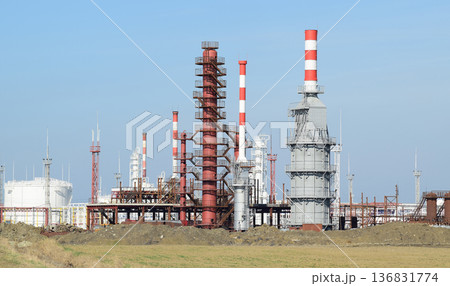 Distillation columns, pipes and other equipment furnaces refinery. 136831774