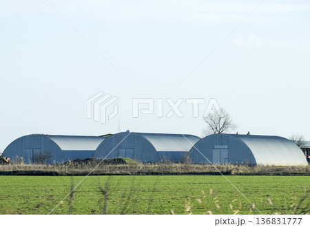 Three hangars in the field. Hangars from galvanized iron. 136831777