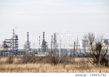 Distillation columns, pipes and other equipment furnaces refinery. 136831782