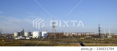 Distillation columns, pipes and other equipment furnaces refinery. 136831794