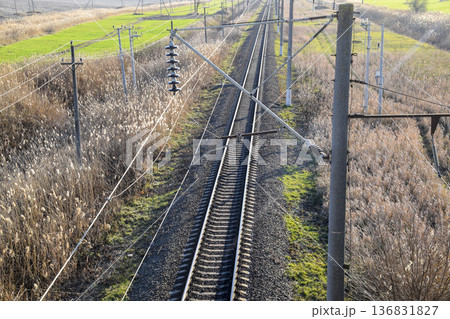 Plot railway. Top view on the rails. High-voltage power lines for electric trains 136831827