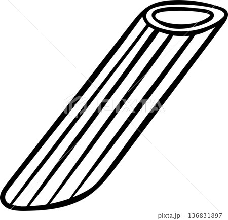 Penne rigate pasta, feather-shaped quill pasta, simple black and white icon in doodle and sketch style. Hand-drawn illustration of ridged tube pasta cut diagonally for Italian culinary design 136831897