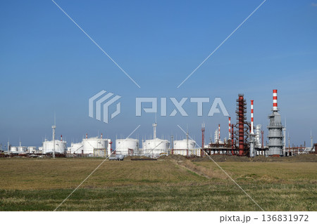 Distillation columns, pipes and other equipment furnaces refinery. 136831972