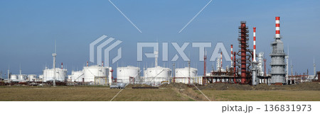 Distillation columns, pipes and other equipment furnaces refinery. 136831973