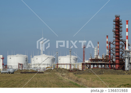Distillation columns, pipes and other equipment furnaces refinery. 136831988