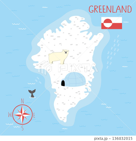 A cute cartoonish map of Greenland with a polar bear, an igloo and a whale tail. 136832015