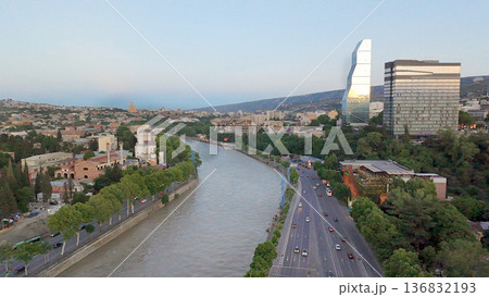 Aerial view on Tbilisi with Kura river and skyscrapers  (hotels) 136832193