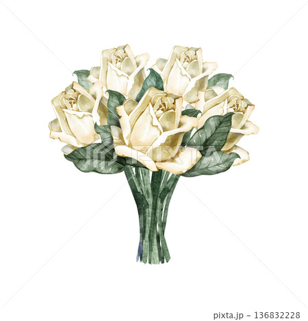 Elegant watercolor illustration of a wedding bouquet featuring cream-colored roses and lush emerald greenery. Hand-painted botanical composition with realistic floral textures for romantic bridal 136832228
