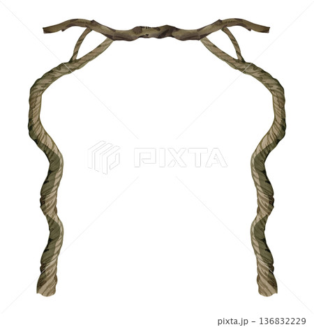 Detailed watercolor illustration of a wedding arch made from woven rustic branches. Hand-painted botanical frame featuring realistic wood textures and earthy tones for outdoor ceremony designs. 136832229