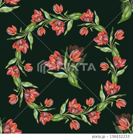 Elegant watercolor seamless pattern featuring wreaths of vibrant red tulips and green leaves. A romantic botanical floral design with a classic aesthetic, perfect for spring-themed decor. Elegant watercolor seamless pattern featuring wreaths of vibrant red tulips and green leaves. A romantic botanical floral design with a classic aesthetic, perfect for spring-themed decor. 136832233