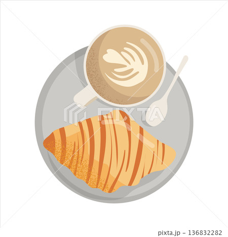 Breakfast croissant and a cup of latte art coffee on a plate 136832282
