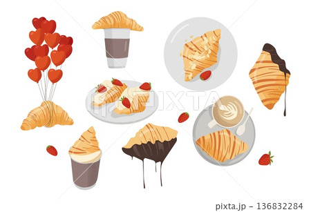 Sweet bakery vector set with croissants, coffee, chocolate and strawberries 136832284