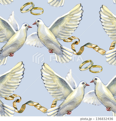 Romantic watercolor seamless pattern on a light blue background featuring white doves, golden wedding rings, and silk ribbons. A graceful hand-painted design symbolizing peace and union for bridal Romantic watercolor seamless pattern on a light blue background featuring white doves, golden wedding rings, and silk ribbons. A graceful hand-painted design symbolizing peace and union for bridal 136832436