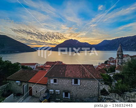 Sunset Over Perast Old Town and Mountains by the Sea Sunset Over Perast Old Town and Mountains by the Sea 136832443