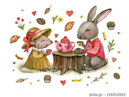 Whimsical watercolor illustration of a cute rabbit and mouse having a tea party on a tree stump. Featuring hearts, sweets, and cozy vibes, this charming artwork is perfect for children's books and 136832601