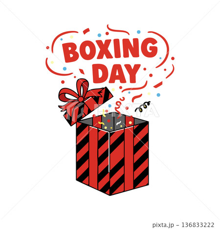 Boxing Day gift box with red and black stripes and festive confetti celebration design vector illustration 136833222