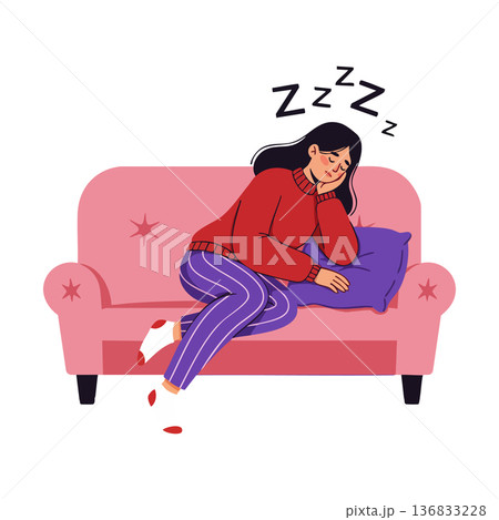 Woman Sleeping on Couch Resting Head on Pillow Relaxing Indoors Cozy Leisure Time Vector Illustration Woman Sleeping on Couch Resting Head on Pillow Relaxing Indoors Cozy Leisure Time Vector Illustration 136833228