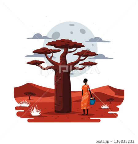 Baobab tree in African desert landscape with woman carrying bucket at night under full moon vector illustration Baobab tree in African desert landscape with woman carrying bucket at night under full moon vector illustration 136833232