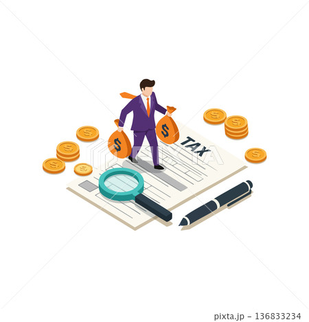 Businessman carrying money bags walking on tax document with magnifying glass and pen vector illustration Businessman carrying money bags walking on tax document with magnifying glass and pen vector illustration 136833234