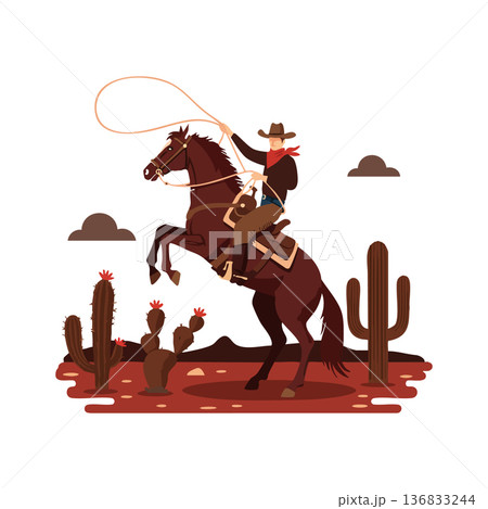 Cowboy riding rearing horse in desert landscape with cacti and lasso western style vector illustration Cowboy riding rearing horse in desert landscape with cacti and lasso western style vector illustration 136833244