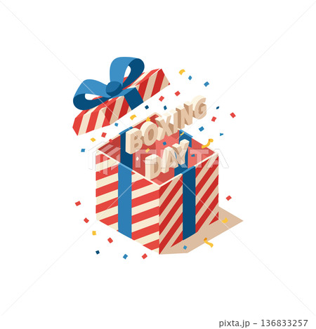 Boxing Day open gift box with red and white stripes and blue ribbon vector illustration for holiday celebration and festive season decoration 136833257