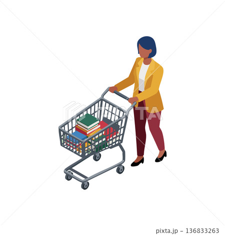 Woman pushing shopping cart full of books in isometric style vector illustration for education and shopping concept Woman pushing shopping cart full of books in isometric style vector illustration for education and shopping concept 136833263