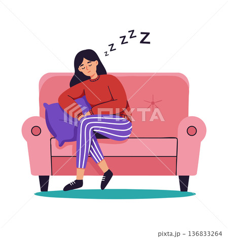 Woman sleeping on pink sofa wearing striped pants and red sweater comfortable rest vector illustration 136833264