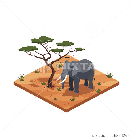 Elephant standing near acacia tree in dry savanna landscape with sparse grass vector art Elephant standing near acacia tree in dry savanna landscape with sparse grass vector art 136833269