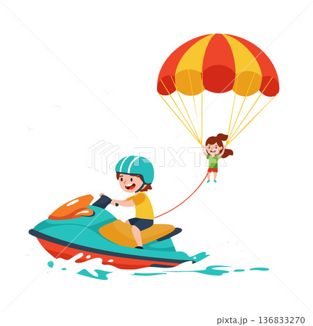 Children enjoying water sports with jet ski and parasailing on bright summer day vector illustration 136833270