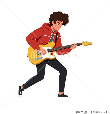 Young man playing electric guitar wearing red hoodie and black pants energetic music performance vector illustration 136833271
