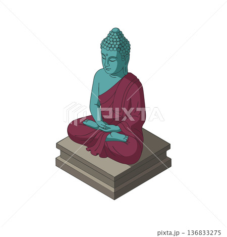 Buddha statue in meditation pose with blue skin and maroon robe sitting on stone pedestal vector illustration 136833275