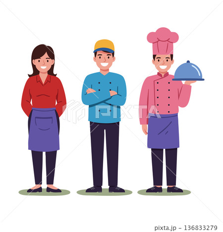 Diverse restaurant staff team with chef waiter and waitress in uniform smiling confidently vector illustration Diverse restaurant staff team with chef waiter and waitress in uniform smiling confidently vector illustration 136833279