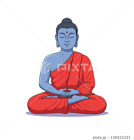 Buddha statue meditation pose blue skin red robe spiritual calm vector illustration Buddha statue meditation pose blue skin red robe spiritual calm vector illustration 136833281